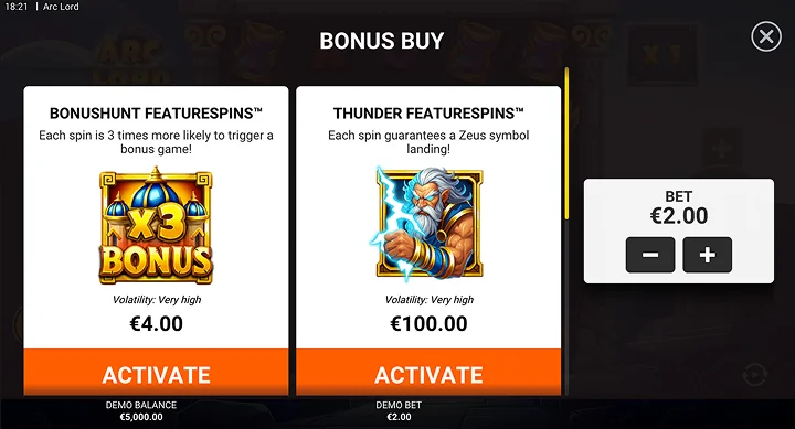 BonusHunt FeatureSpins és Thunder FeatureSpins bónuszok az Arc Lordban